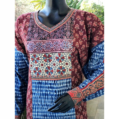 Maroon Ajrakh-Shibori Designer Cotton Patchwork Kurti