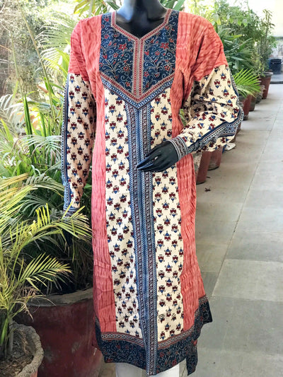 Cream Ajrakh-Shibori Designer Cotton Patchwork Kurti