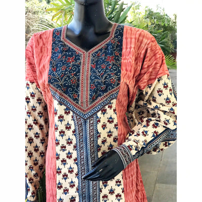 Cream Ajrakh-Shibori Designer Cotton Patchwork Kurti