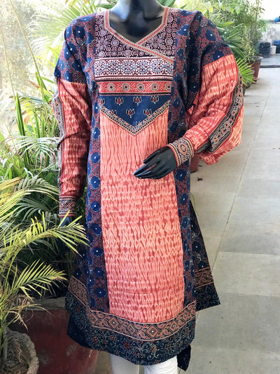 Indigo Ajrakh-Shibori Designer Cotton Patchwork Kurti