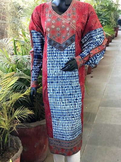 Madder Ajrakh-Shibori Designer Cotton Patchwork Kurti