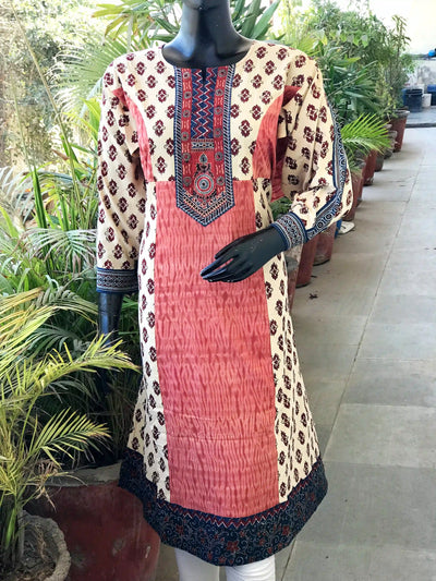 Cream Ajrakh-Shibori Designer Cotton Patchwork Kurti