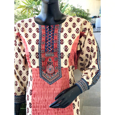 Cream Ajrakh-Shibori Designer Cotton Patchwork Kurti
