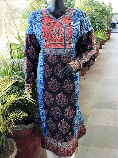 Black Ajrakh-Shibori Designer Cotton Patchwork Kurti