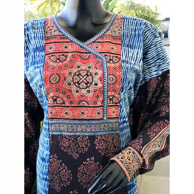 Black Ajrakh-Shibori Designer Cotton Patchwork Kurti