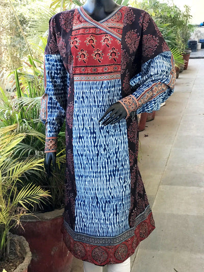 Black Ajrakh-Shibori Designer Cotton Patchwork Kurti