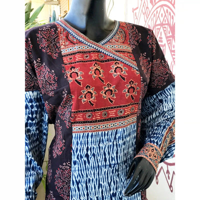 Black Ajrakh-Shibori Designer Cotton Patchwork Kurti