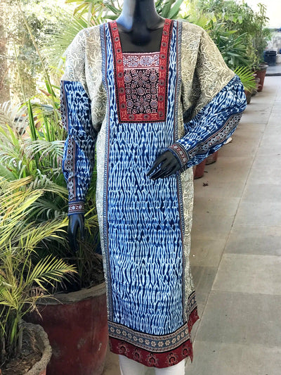 Grey Ajrakh-Shibori Designer Cotton Patchwork Kurti