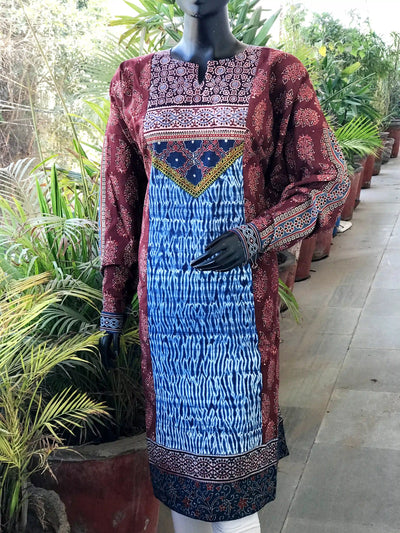 Maroon Ajrakh-Shibori Designer Cotton Patchwork Kurti