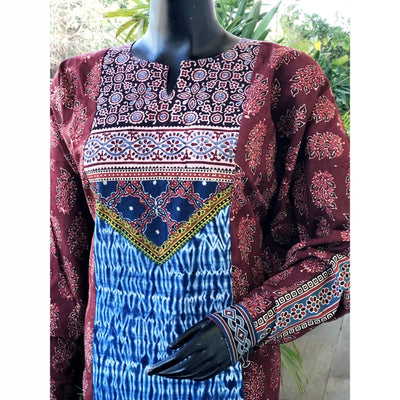 Maroon Ajrakh-Shibori Designer Cotton Patchwork Kurti