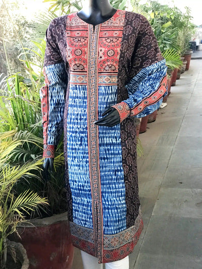 Black Ajrakh-Shibori Designer Cotton Patchwork Kurti