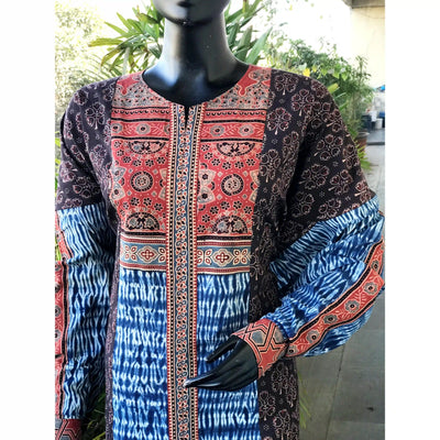 Black Ajrakh-Shibori Designer Cotton Patchwork Kurti
