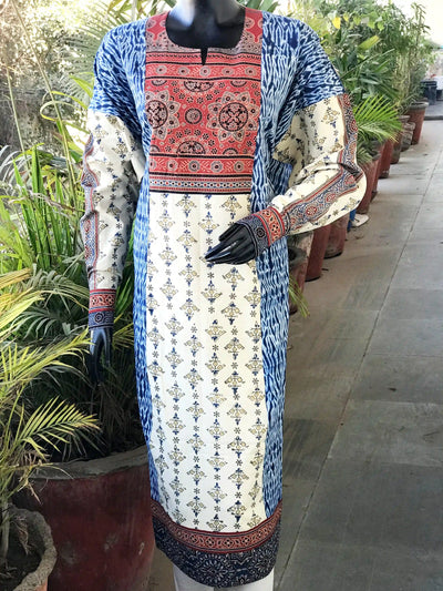 Cream Ajrakh-Shibori Designer Cotton Patchwork Kurti