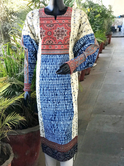 Cream Ajrakh-Shibori Designer Cotton Patchwork Kurti