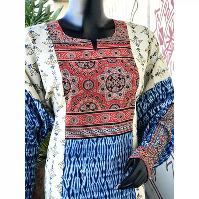 Cream Ajrakh-Shibori Designer Cotton Patchwork Kurti