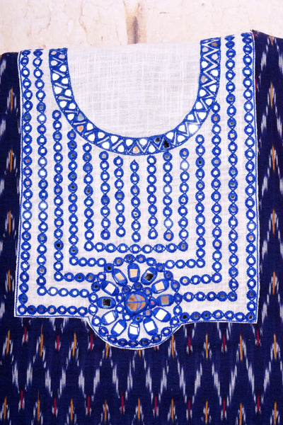 Blue Pochampally Ikat Hand Embroidered Kurti Fabric