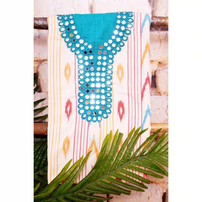 Cream Pochampally Ikat Hand Embroidered Kurti Fabric