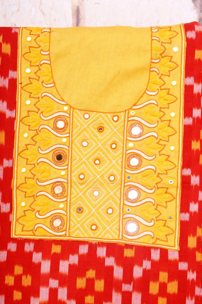 Red Pochampally Ikat Hand Embroidered Kurti Fabric