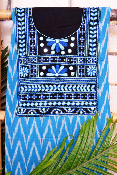 Blue Pochampally Ikat Hand Embroidered Kurti Fabric