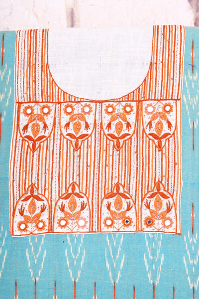 Blue Pochampally Ikat Hand Embroidered Kurti Fabric