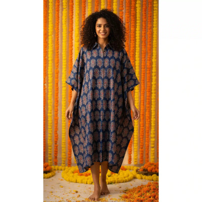 Indigo Ajrakh Kaftan Shirt Dress
