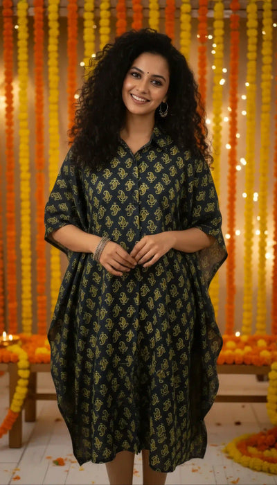 Green Ajrakh Kaftan Shirt Dress