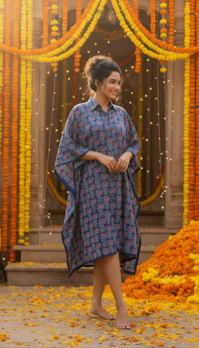 Indigo Ajrakh Kaftan Shirt Dress
