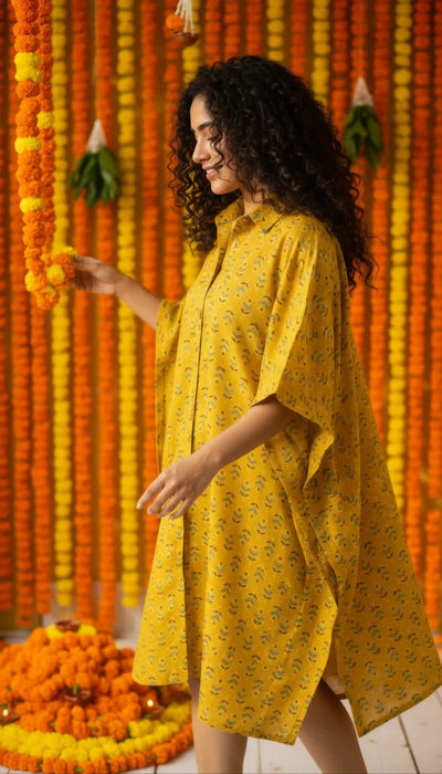 Yellow Ajrakh Kaftan Shirt Dress