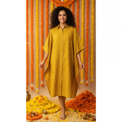 Yellow Ajrakh Kaftan Shirt Dress