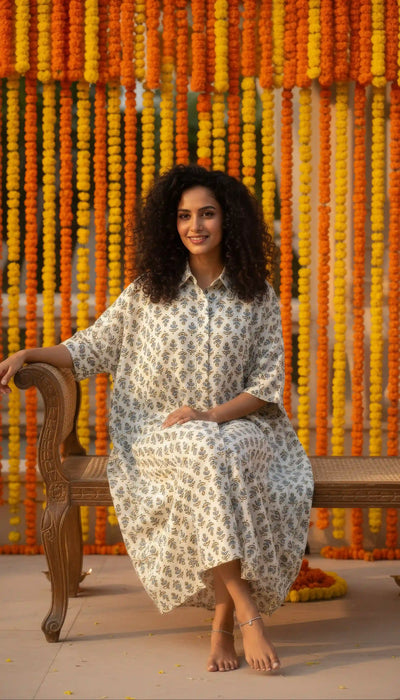 Cream Ajrakh Kaftan Shirt Dress