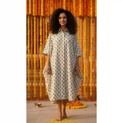 Cream Ajrakh Kaftan Shirt Dress