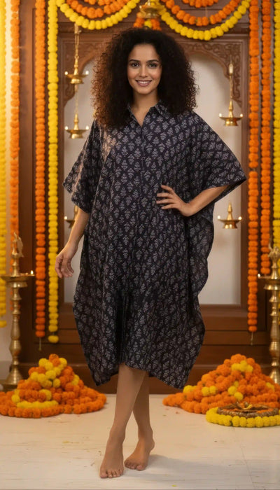 Black Ajrakh Kaftan Shirt Dress