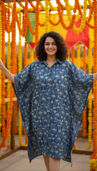 Blue Ajrakh Kaftan Shirt Dress