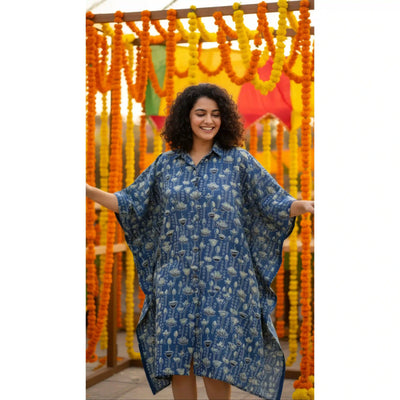 Blue Ajrakh Kaftan Shirt Dress