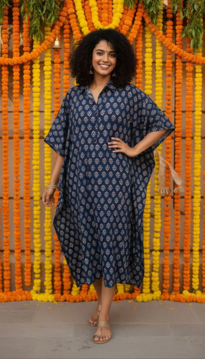 Indigo Ajrakh Kaftan Shirt Dress