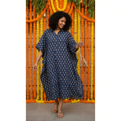 Indigo Ajrakh Kaftan Shirt Dress