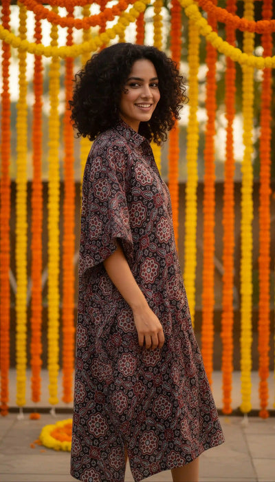 Black Ajrakh Kaftan Shirt Dress