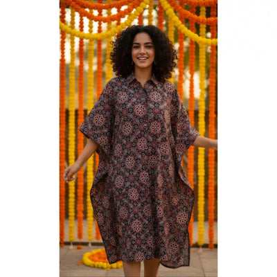 Black Ajrakh Kaftan Shirt Dress