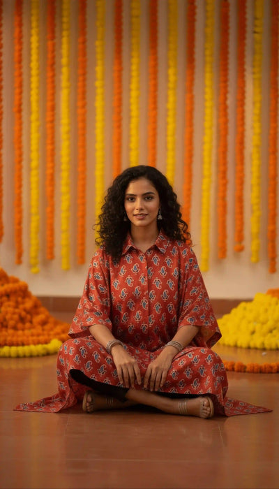 Madder Ajrakh Kaftan Shirt Dress