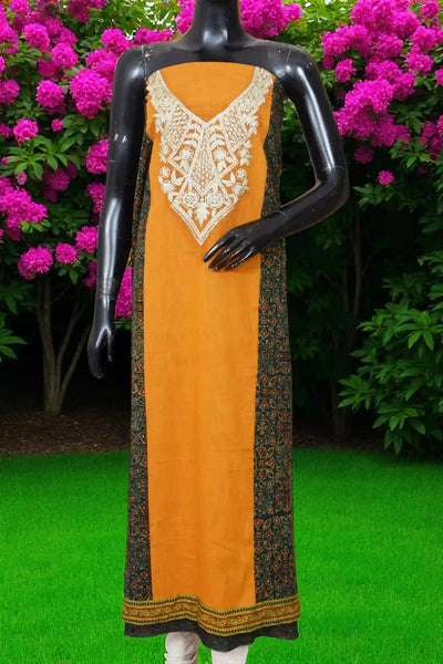 Ajrakh panelled cotton kurti with dori embroidery in traditional block print design.