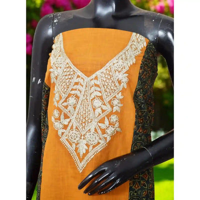 Ajrakh panelled cotton kurti with dori embroidery in traditional block print design.