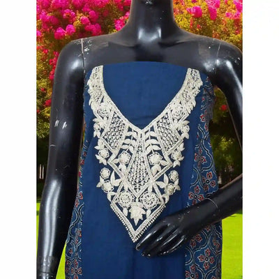 Ajrakh panelled cotton kurti with dori embroidery in traditional block print design.