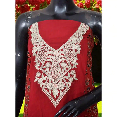 Ajrakh panelled cotton kurti with dori embroidery in traditional block print design.