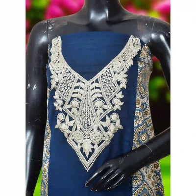 Ajrakh panelled cotton kurti with dori embroidery in traditional block print design.