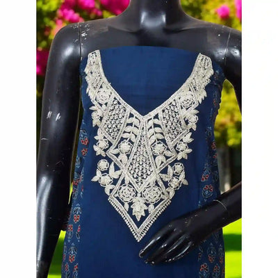 Ajrakh panelled cotton kurti with dori embroidery in traditional block print design.