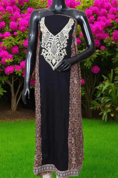 Ajrakh panelled cotton kurti with dori embroidery in traditional block print design.