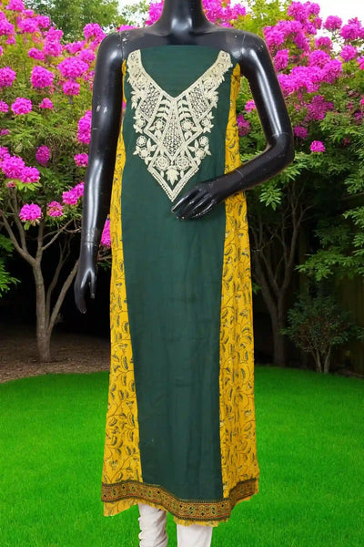 Ajrakh panelled cotton kurti with dori embroidery in traditional block print design.