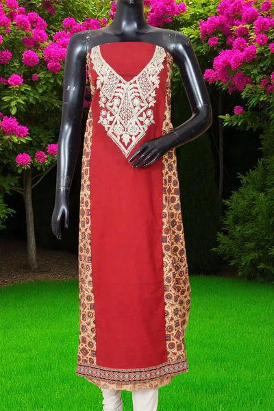 Ajrakh panelled cotton kurti with dori embroidery in traditional block print design.