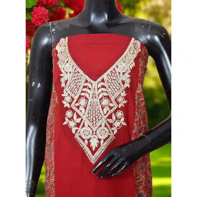 Ajrakh panelled cotton kurti with dori embroidery in traditional block print design.