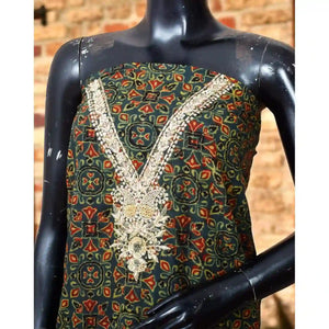 Green Zardosi Ajrakh Cotton Embroidered Kurti